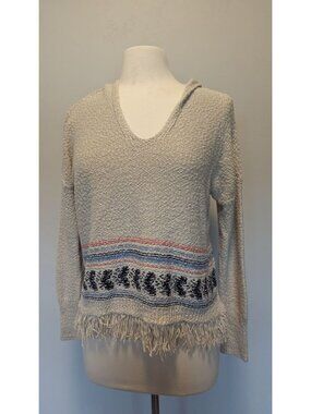 Hollister Boho Knit Hoodie Sweater With Fringe Beige Large